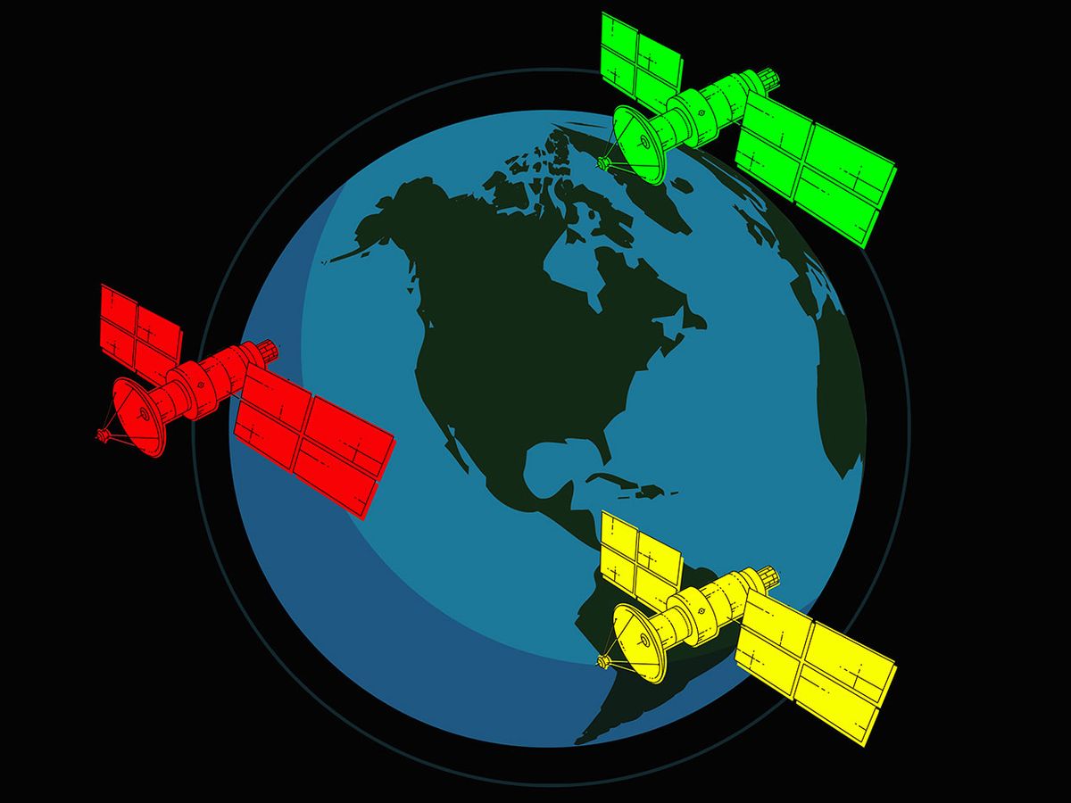 Illustration of 3 satellites over Earth, one red, one yellow and one green.