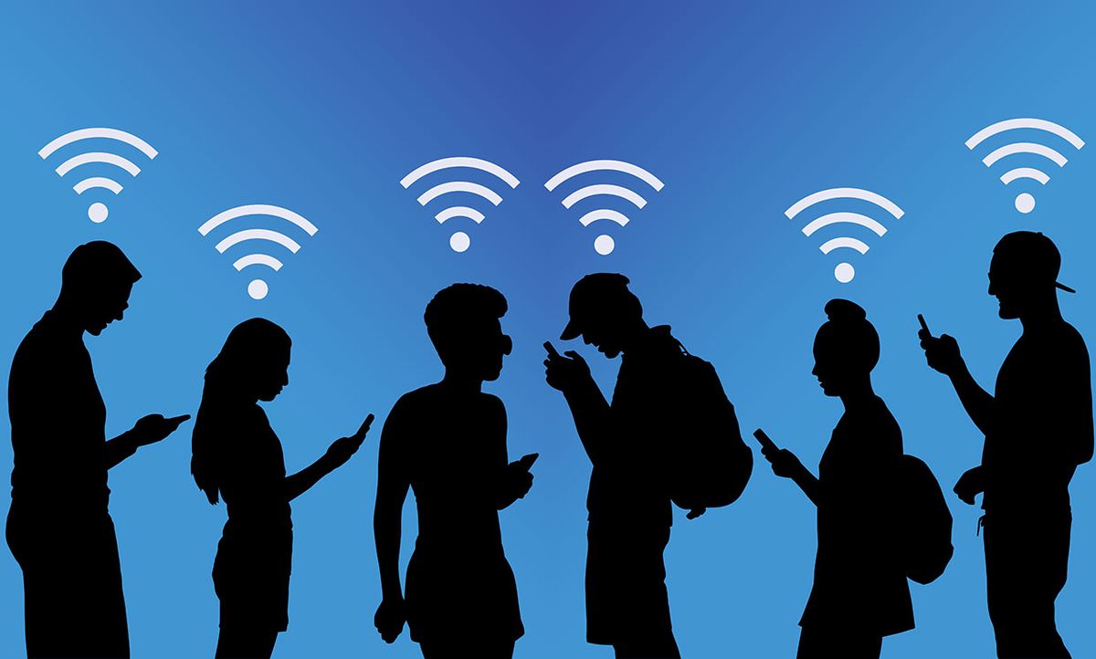 Illustration of 6 people with devices and wifi symbols over their heads.