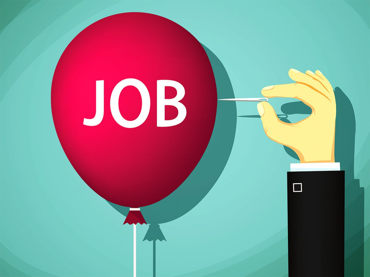 Illustration of a blown-up balloon with the word jobs on it, with a hand and pin about to pop it.