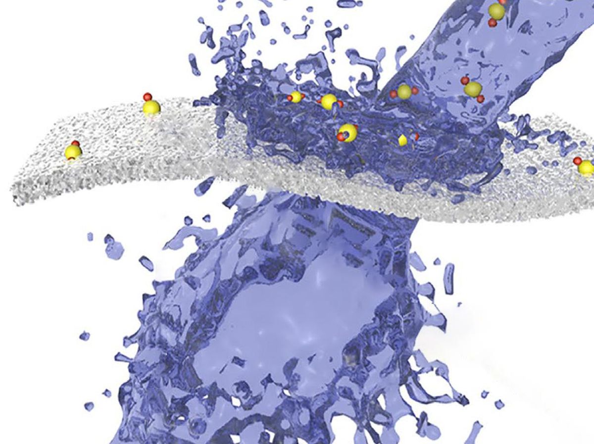 illustration of a blue stream of water traveling diagonally to the lower left, intersecting with a white filter membrane substance with yellow and red atomic stick models floating around in the upper half of the image