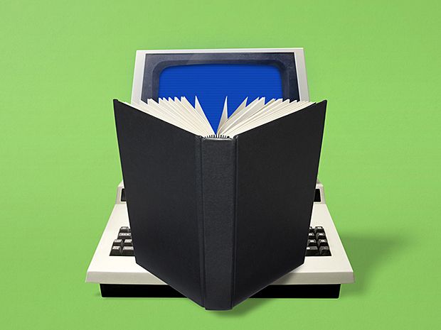 Illustration of a book opened over a laptop computer