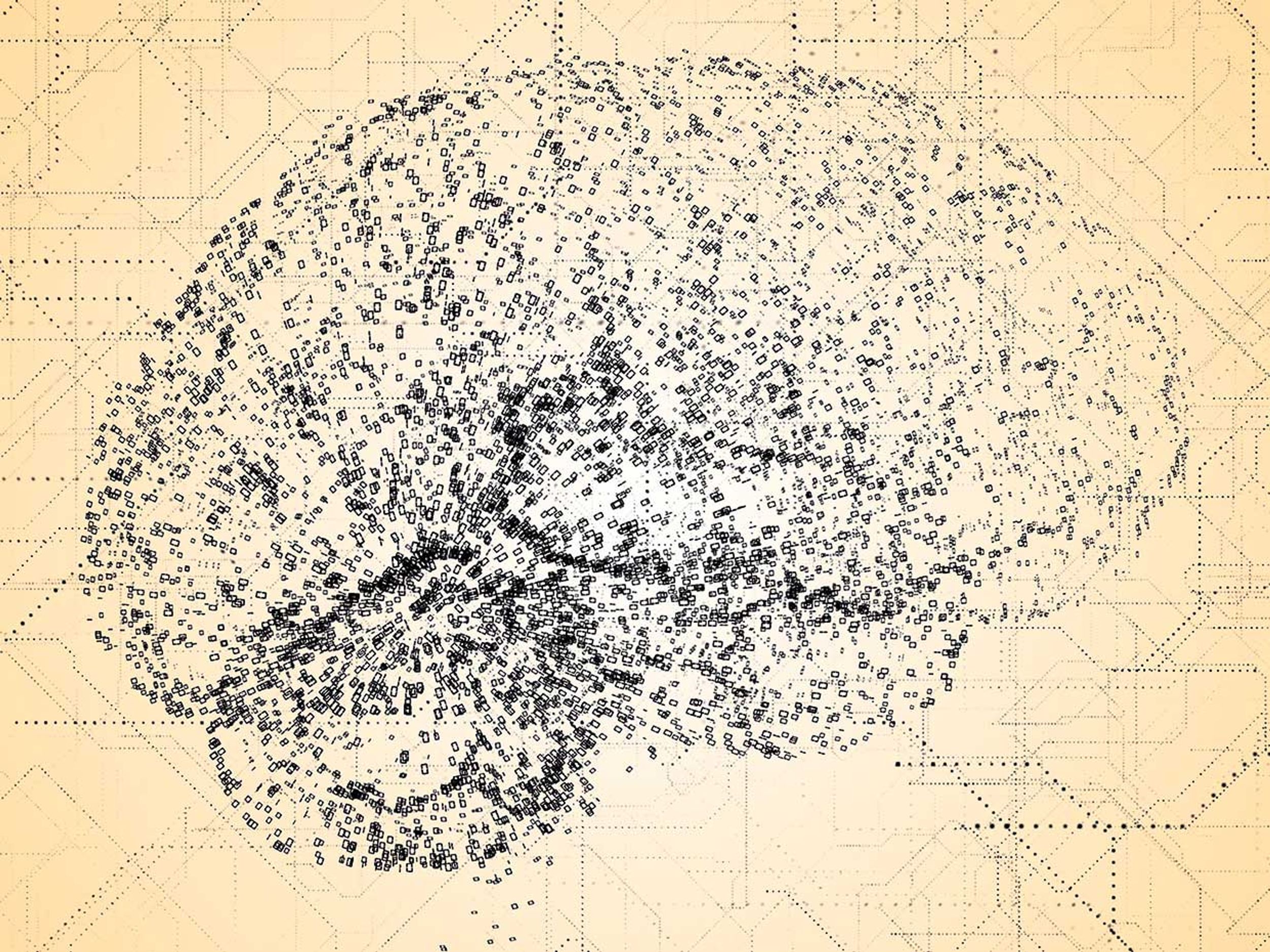 Illustration of a brain formed with 0s and 1s with a blueprint-like background