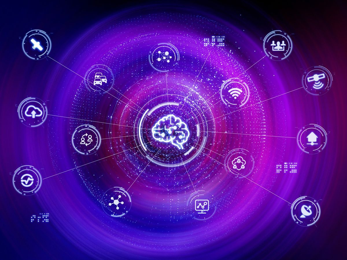 illustration of a brain surrounded by different circled icons against a purple background
