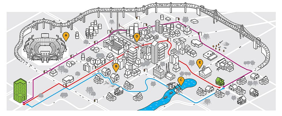 Illustration of a city with different paths to the same destination.  