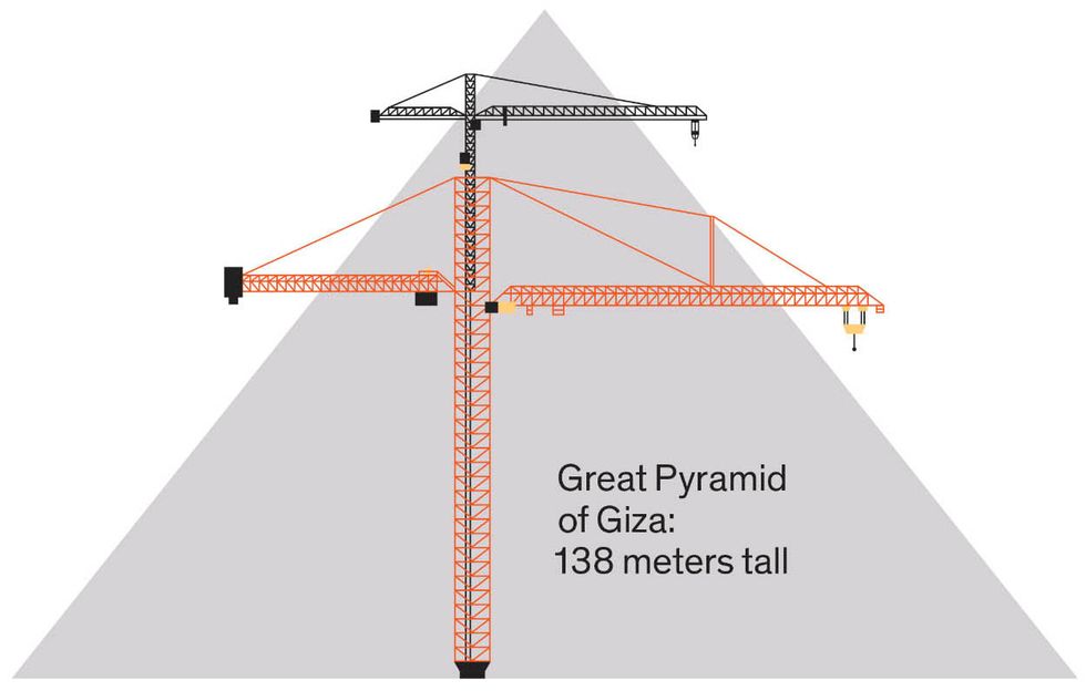 Illustration of a crane and a pyramid.