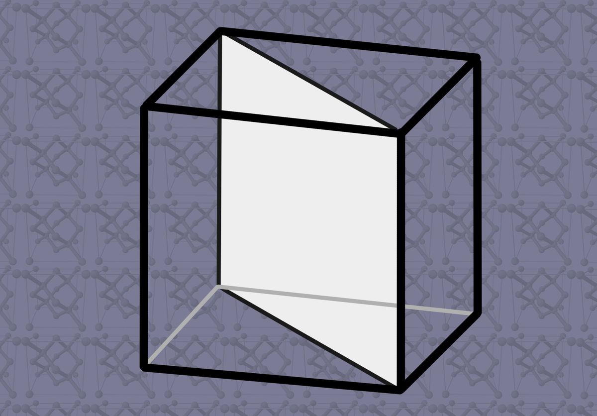 Illustration of a cube with a diagonal square slice sits on a background of silicon unit cells.