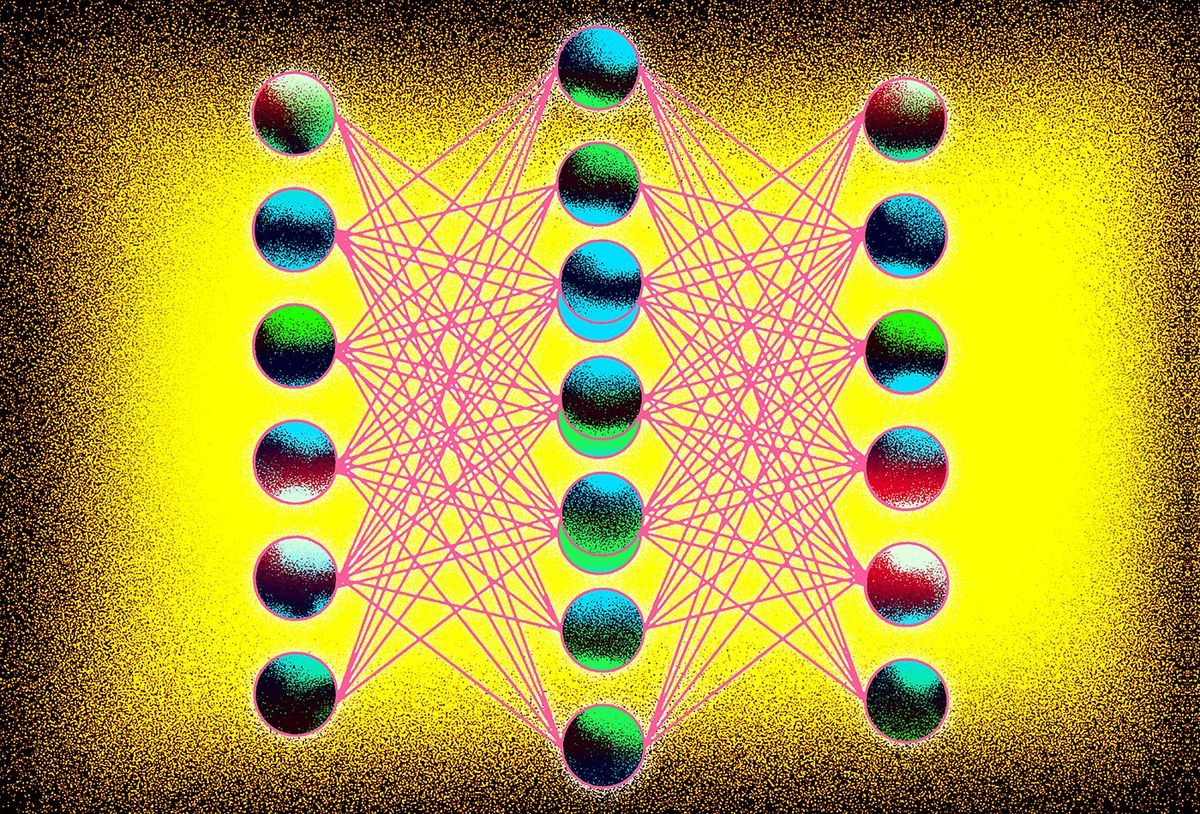 Illustration of a deep learning network with nodes connected by dense links