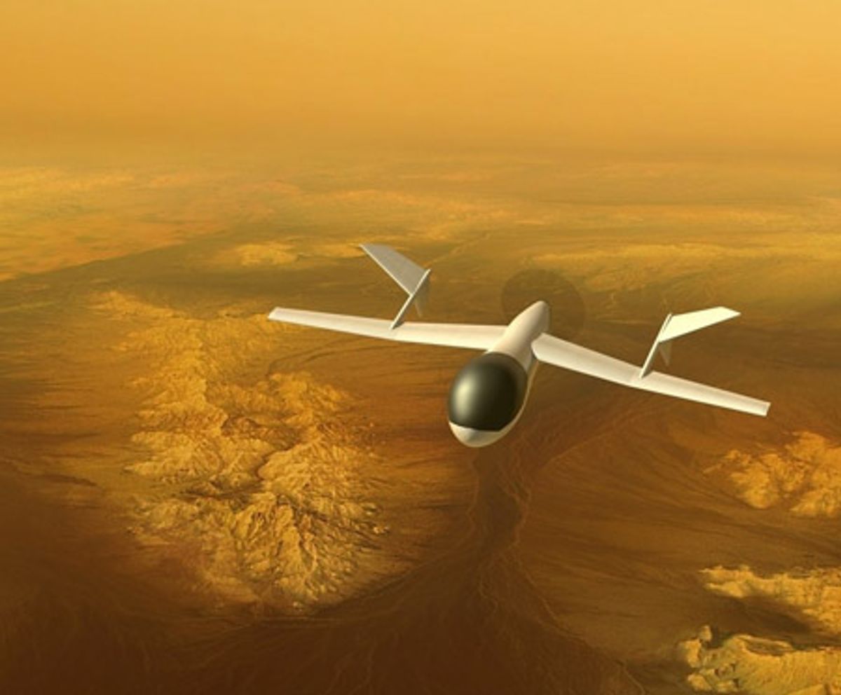 Illustration of a drone flying over titan.