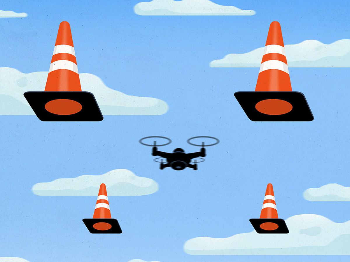 Illustration of a drone surrounded by 4 traffic cones.
