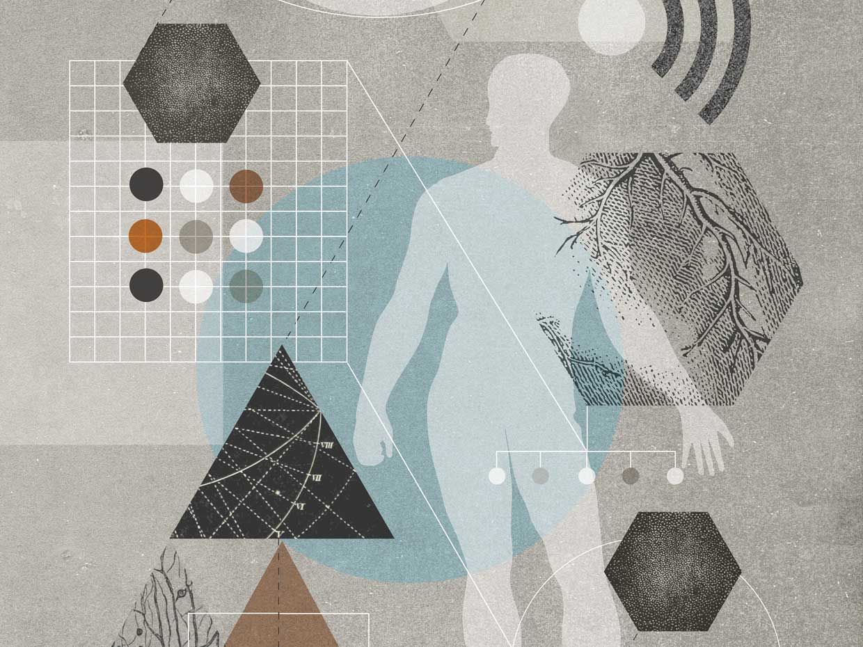 Illustration of a figure surrounded by symbols such as wifi and medical.