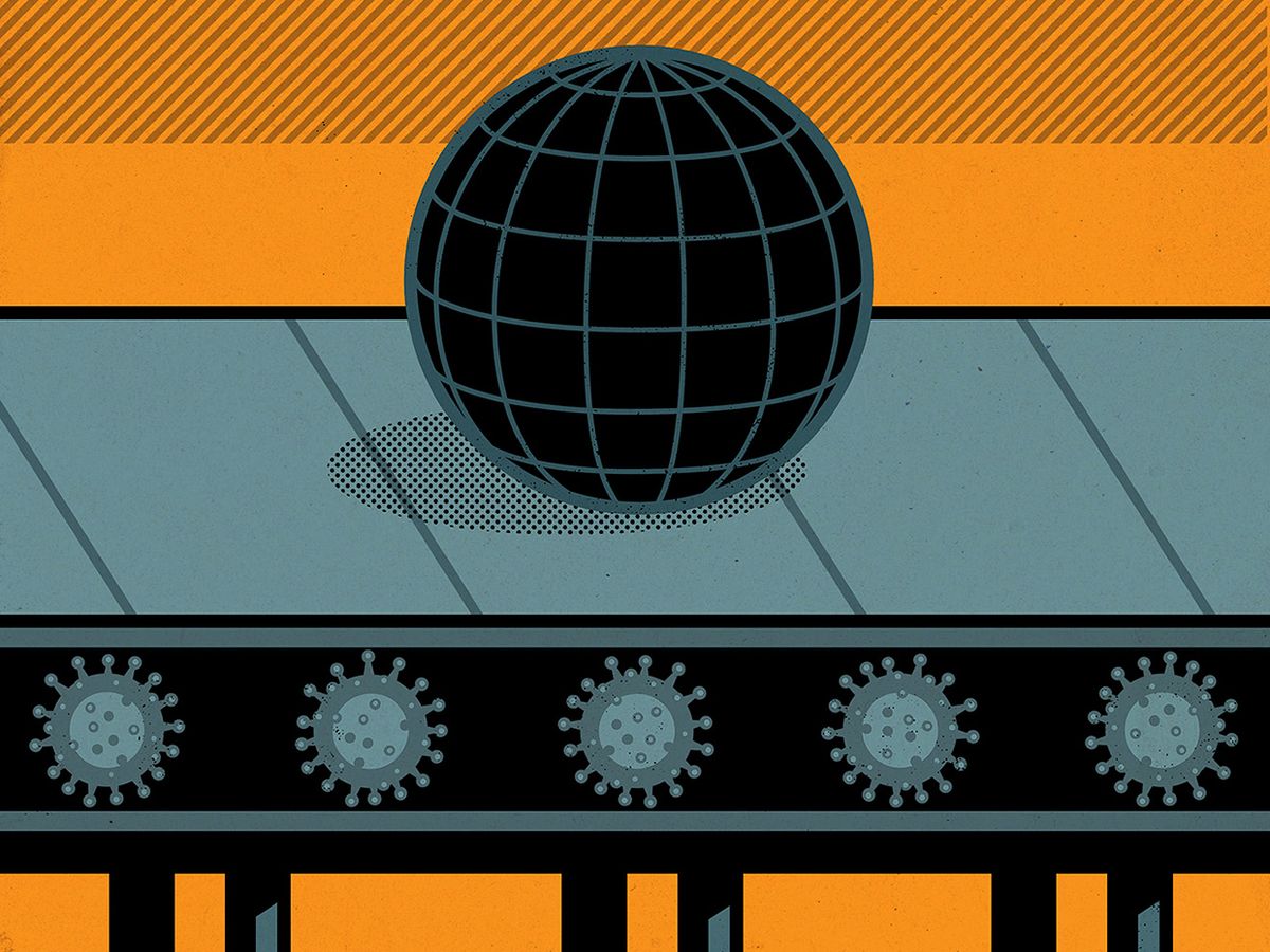 Illustration of a globe riding a conveyer belt with COVID-19 rollers.