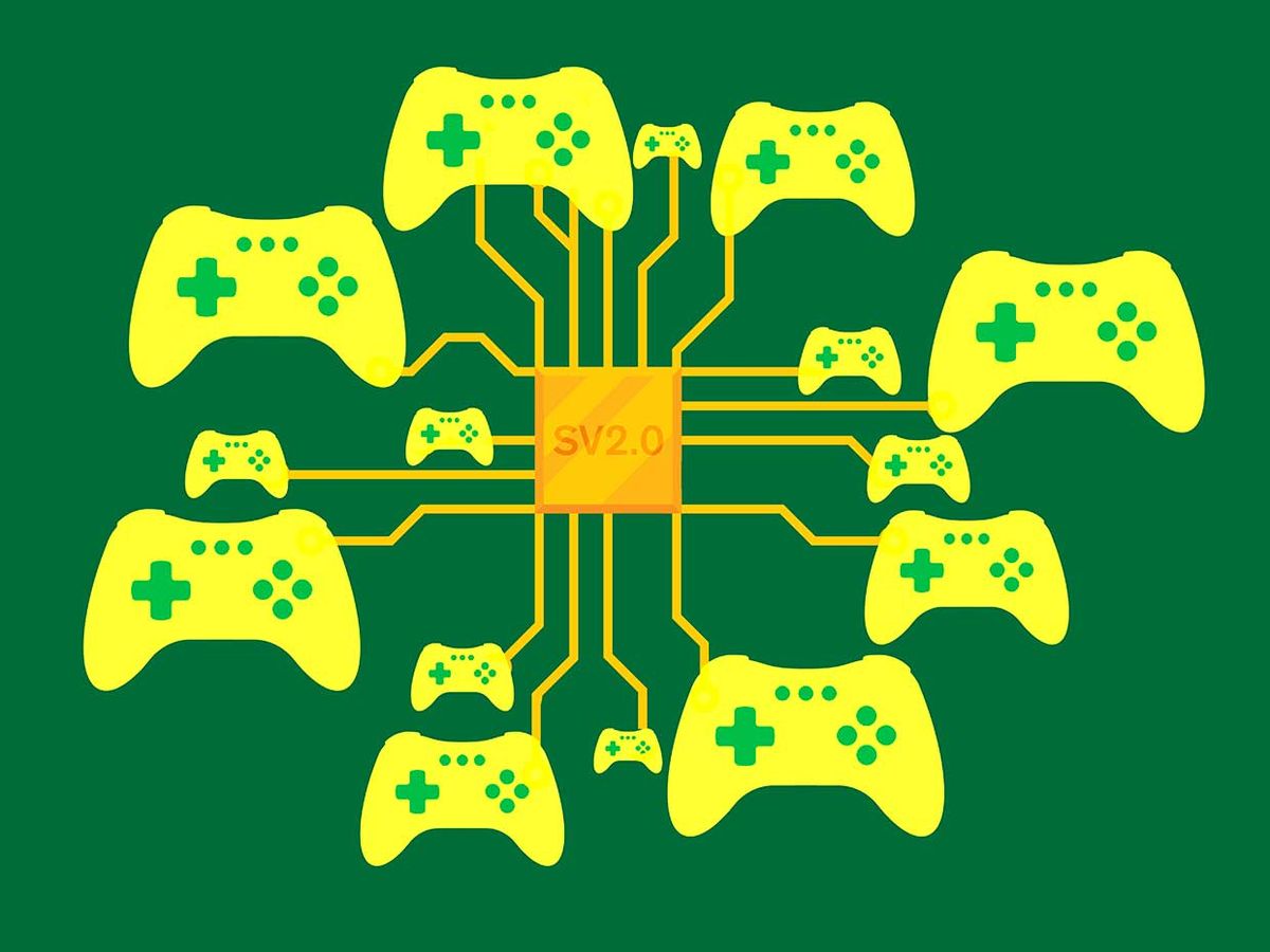 Illustration of a gold circuit board with game controllers