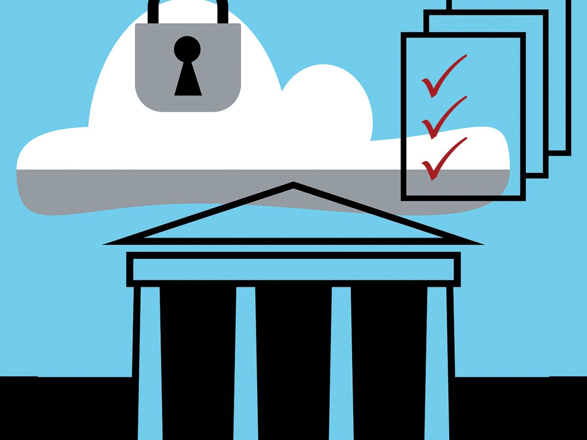 Illustration of a government building, a lock and papers with check marks.