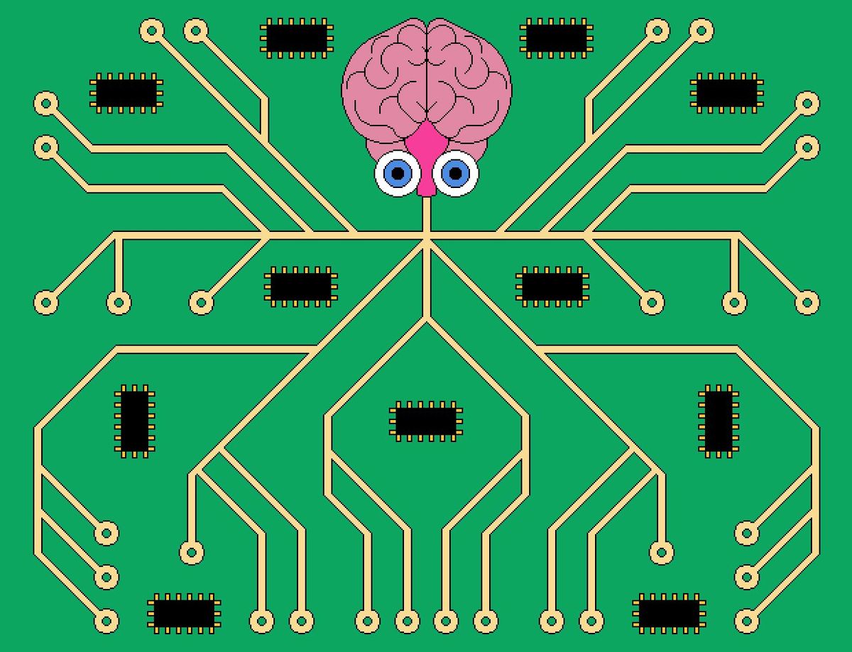 Illustration of a green circuit board and chips attached to a brain with eyes.