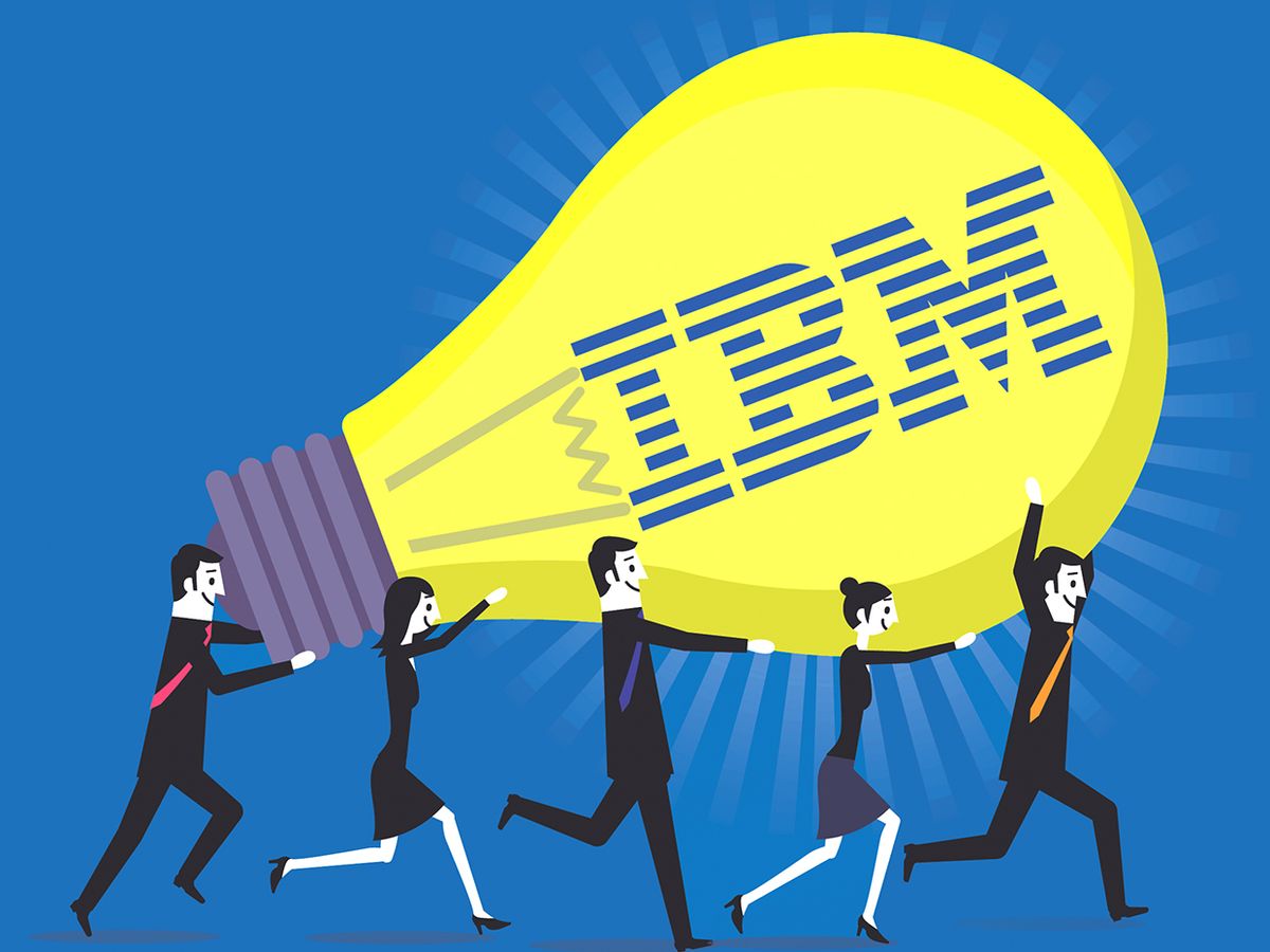 Illustration of a group of people holding a lightbulb, with the IBM logo in the center of the lightbulb