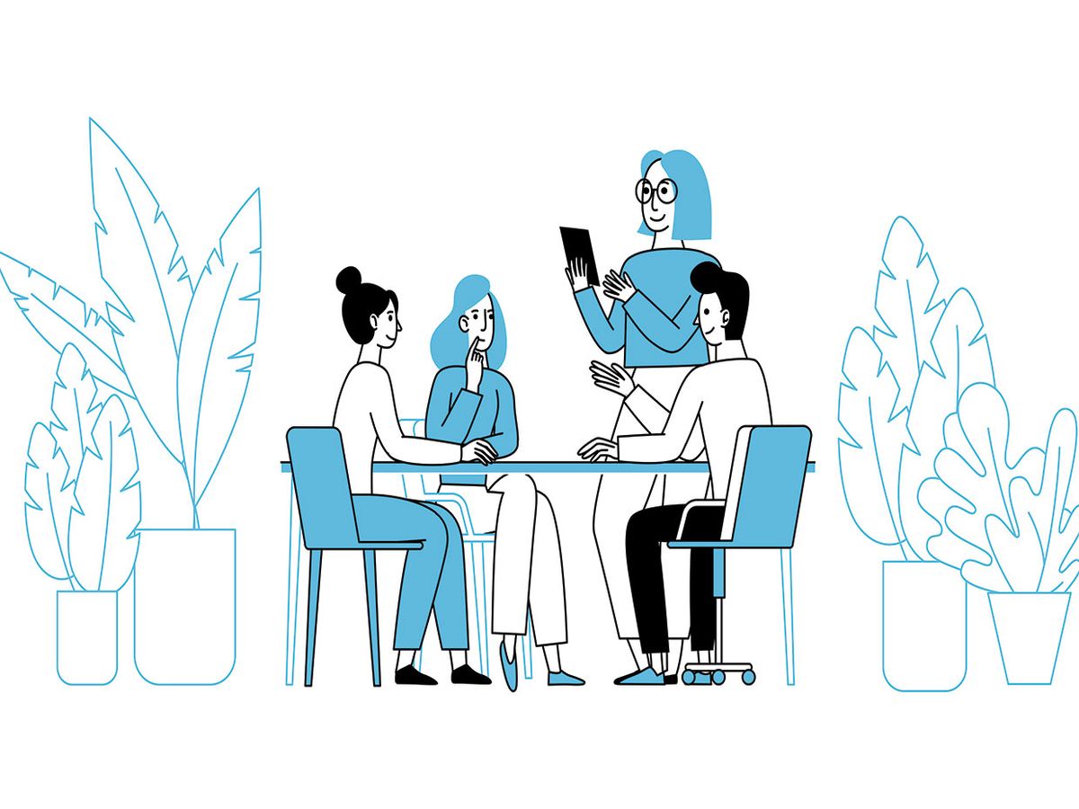Illustration of a group of people sitting at a table with a person standing holding a tablet.