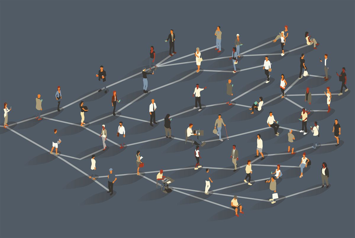 illustration of a group of people standing on gray lines that branch out in different directions on a navy background