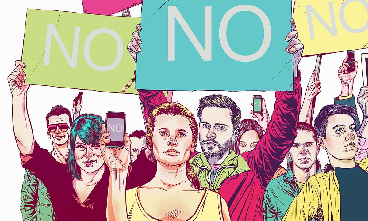 Illustration of a group of people with protest signs and mobile devices