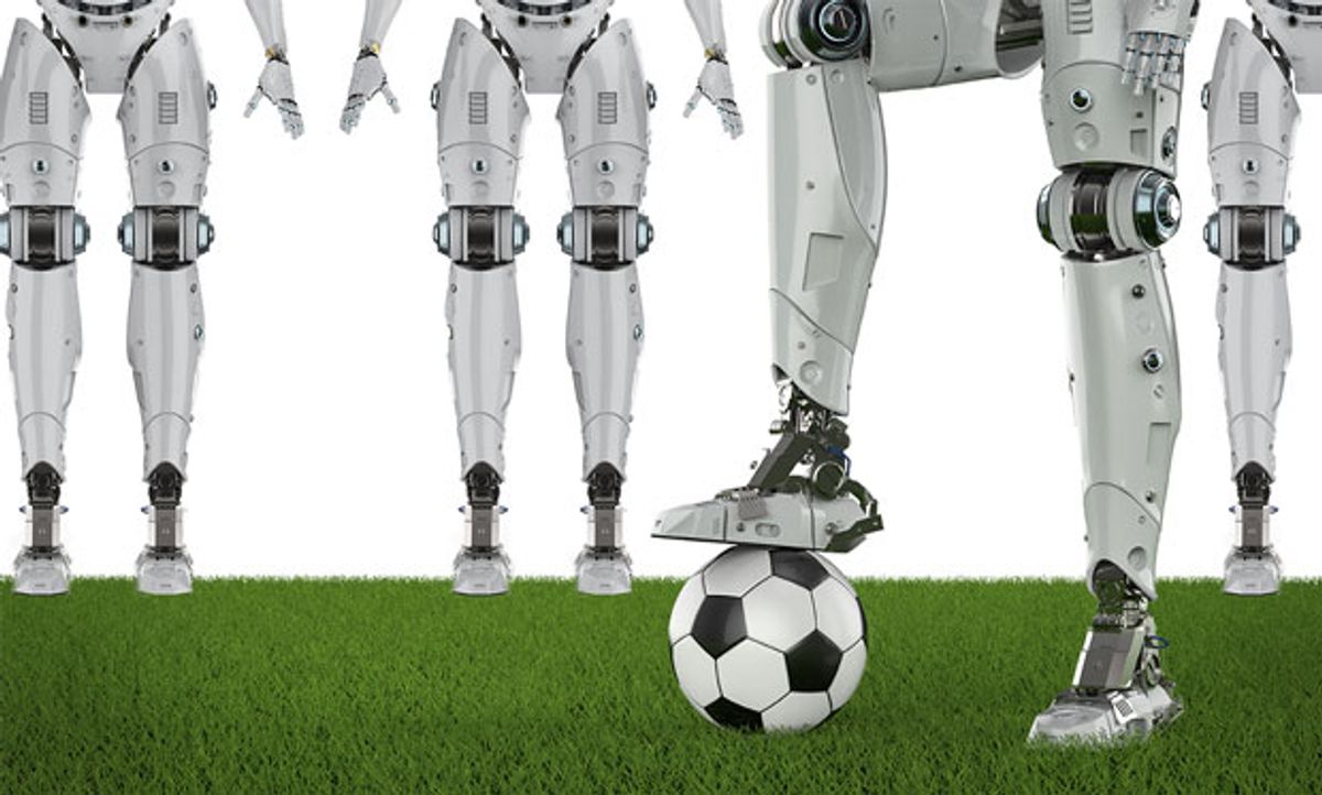 Illustration of a group of robots surrounding a robot with a soccer ball.