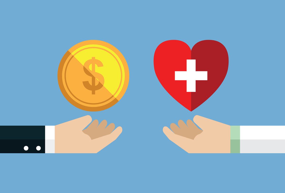 Illustration of a hand holding a coin and a doctor's hand holding a heart.