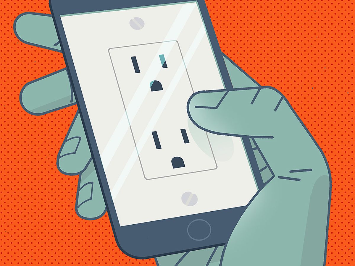 Illustration of a hand holding a smart phone with plugs on the screen.