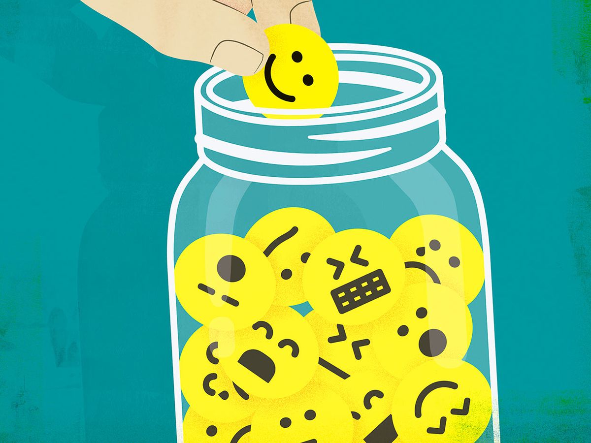 Illustration of a hand selecting a happy emoji from a jar of different emotions.