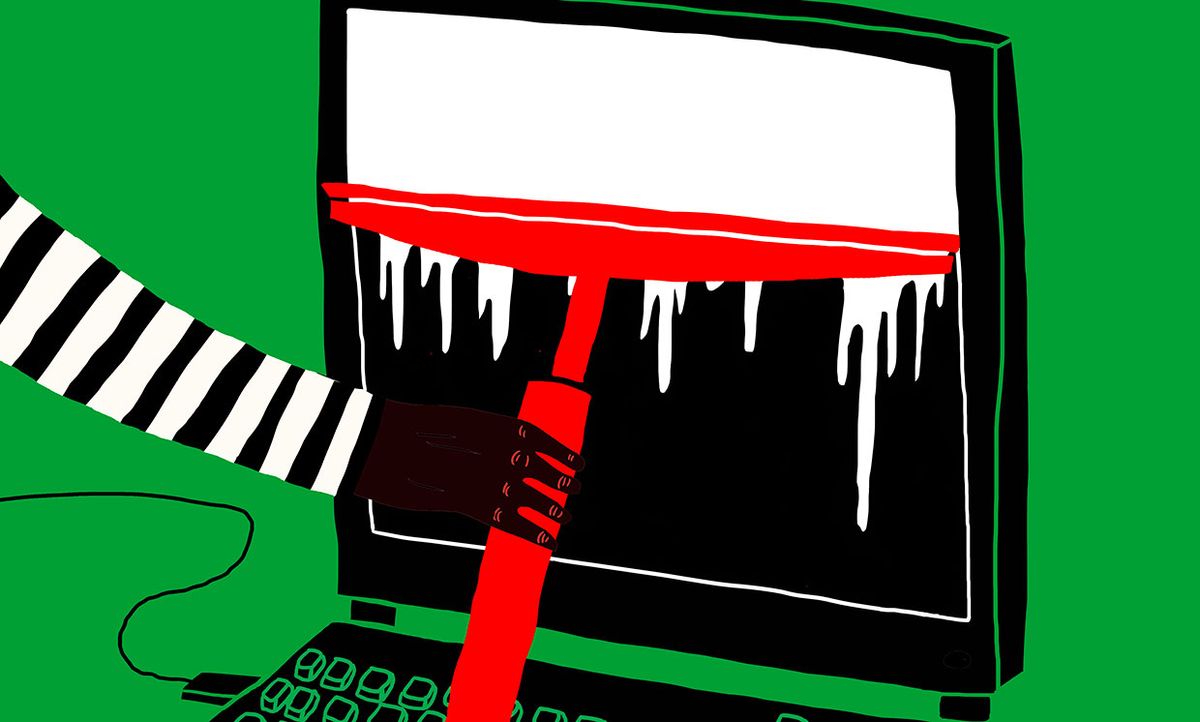 Illustration of a hand wiping a computer, in the colors of the Iranian flag