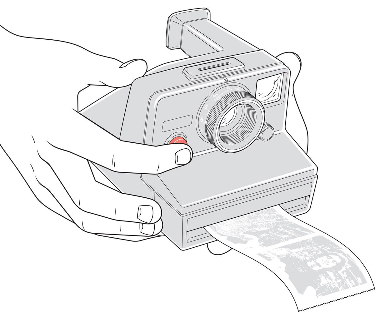 Illustration of a hands holding a Polaroid camera.