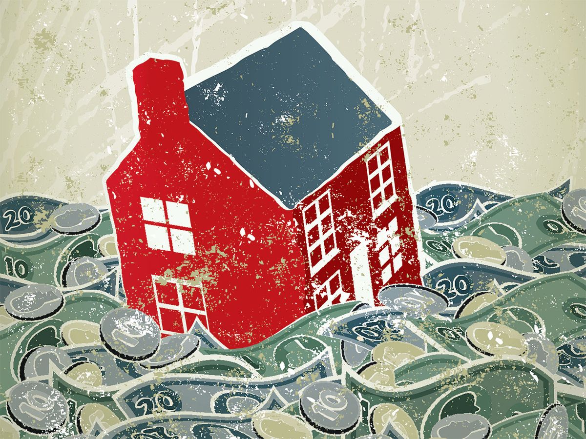 Illustration of a home, drowning in money.