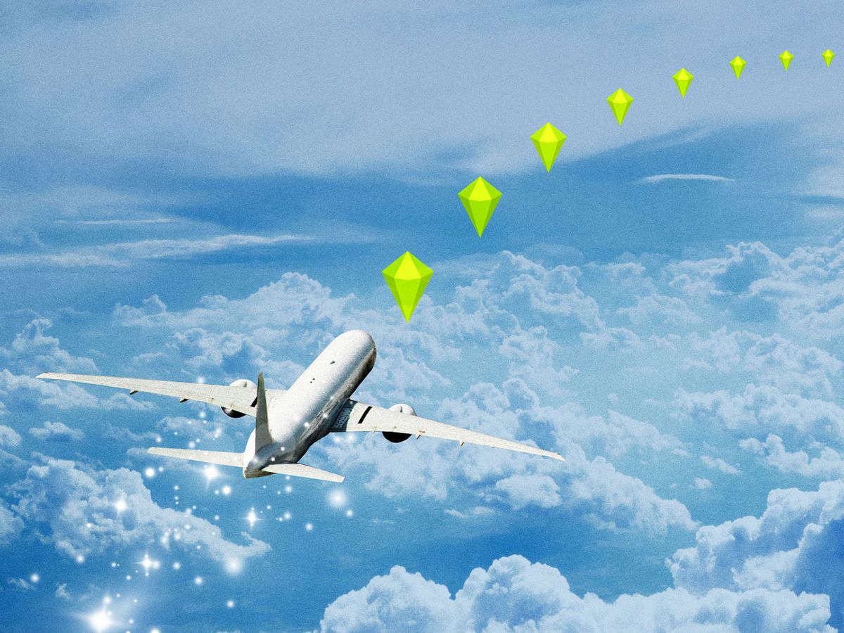 Illustration of a large plane following green diamonds.