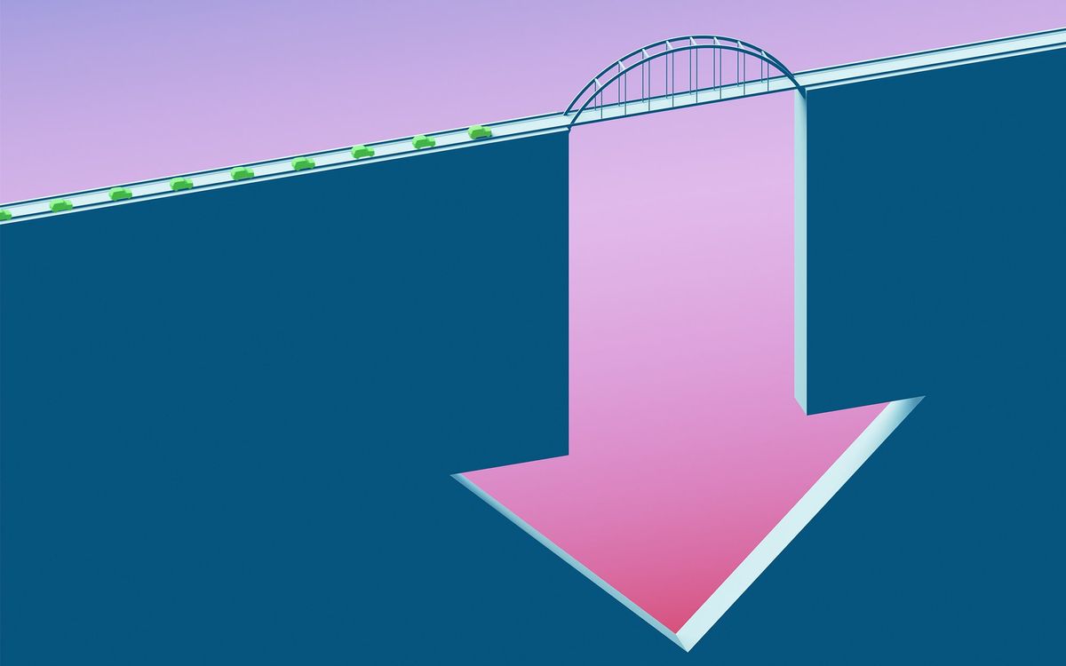 Illustration of a line of green cars going towards a bridge. The area below the bridge is shaped like a downwards arrow.