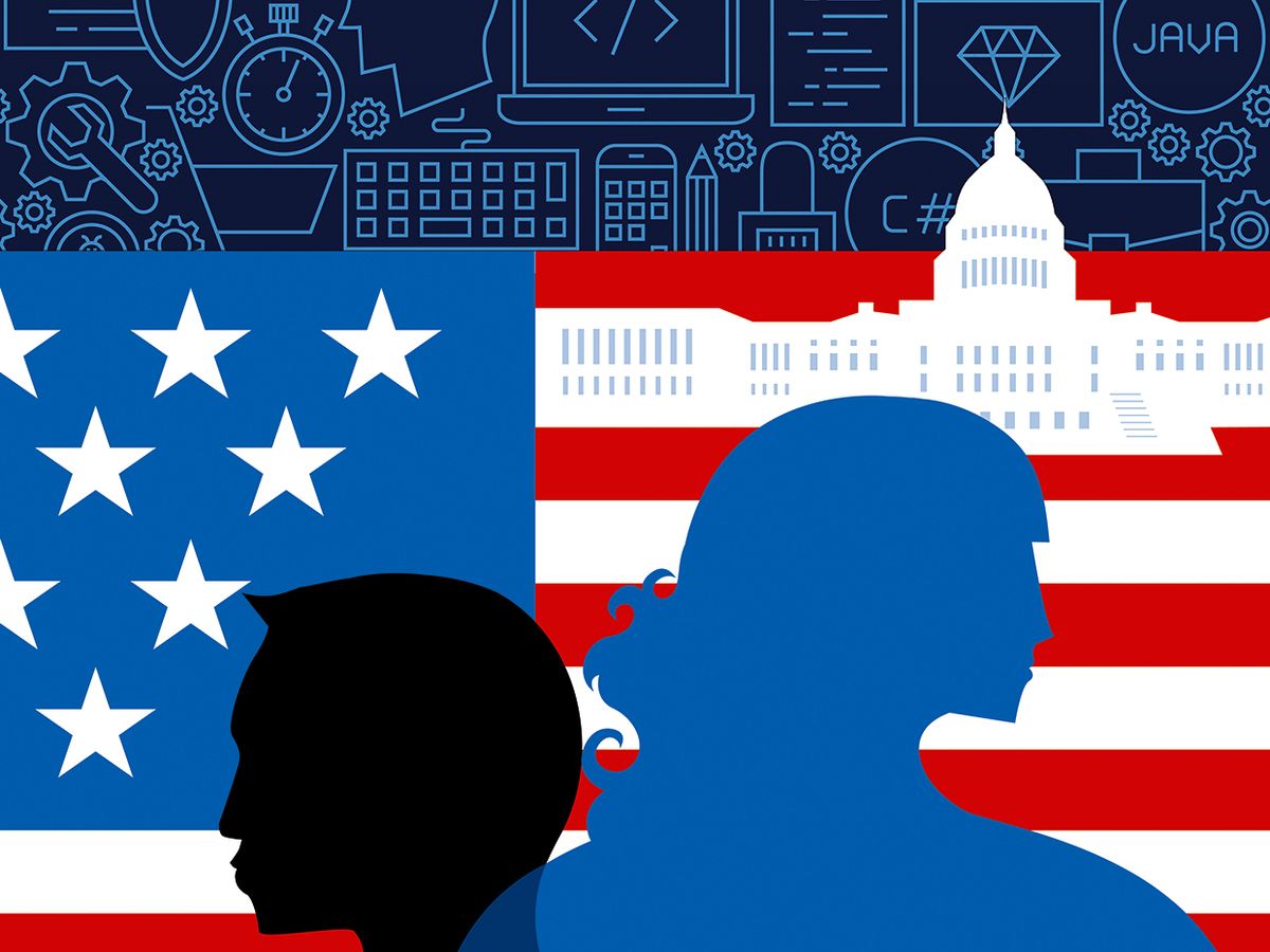 Illustration of a man and woman, in front of an American flag and the White House, with a technology background.