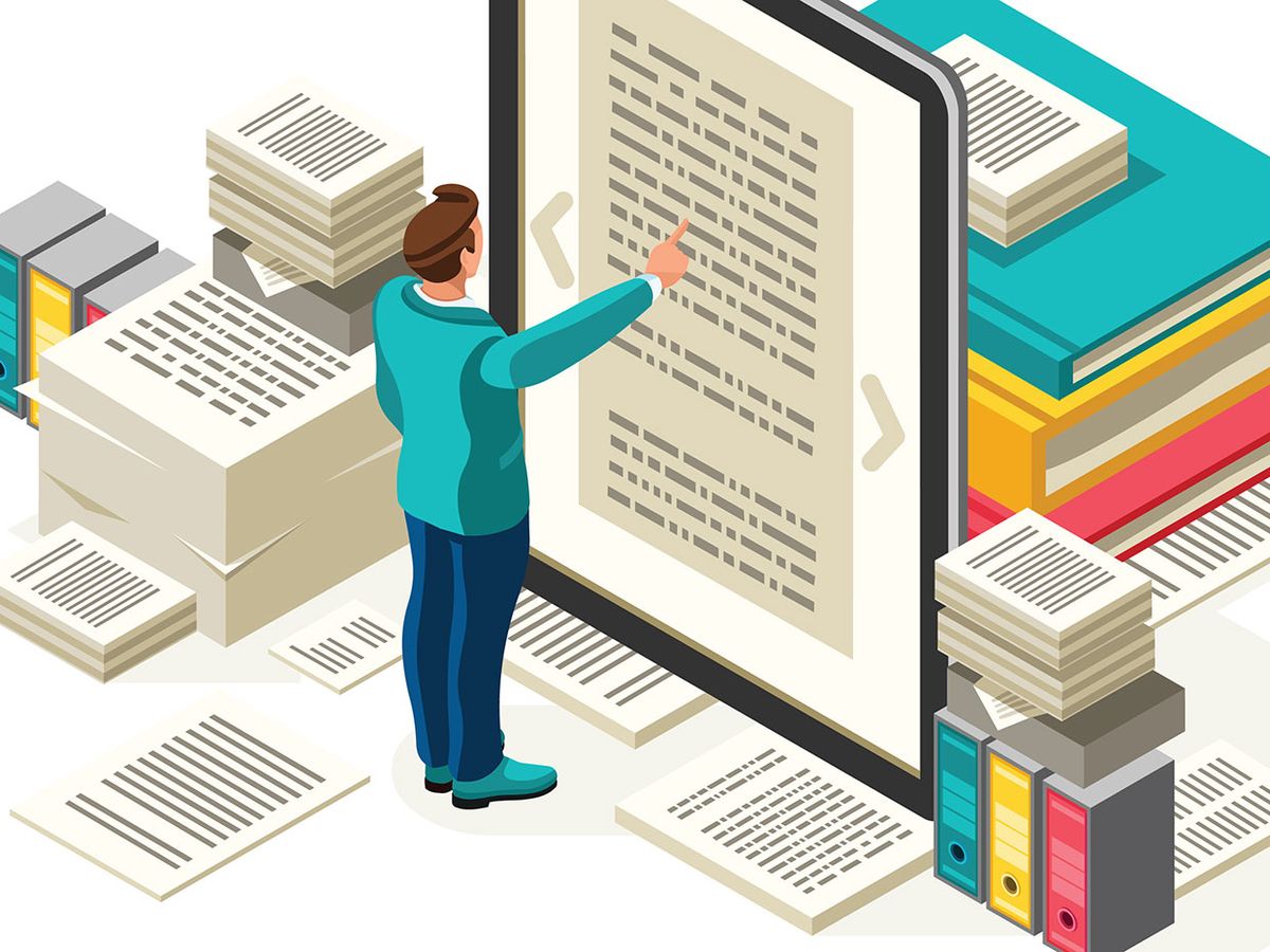 Illustration of a man standing in front of a digital book library