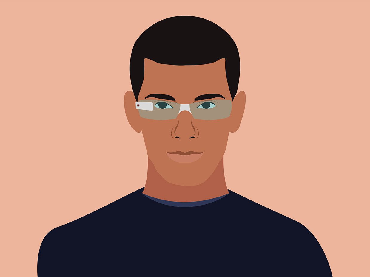 Illustration of a man with a wearable pair of glasses on
