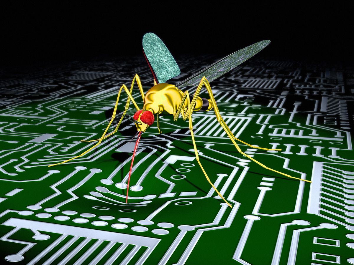 Illustration of a mosquito on a circuit board.