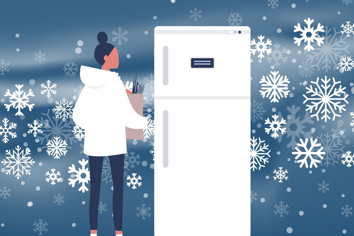 Illustration of a person approaching a refrigerator. The background is snowflakes.