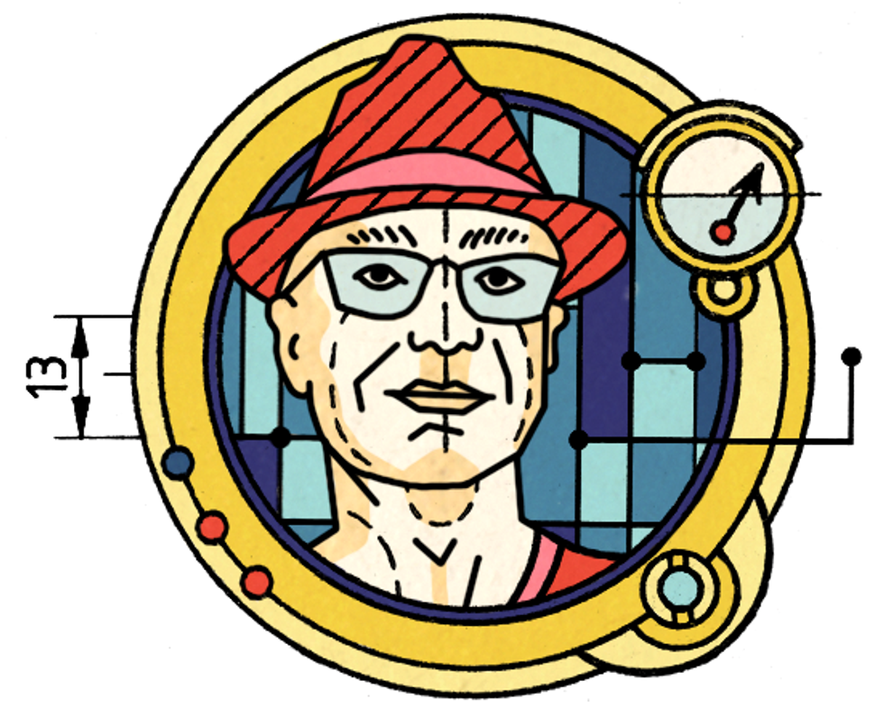 Illustration of a person in glasses and a red hat.