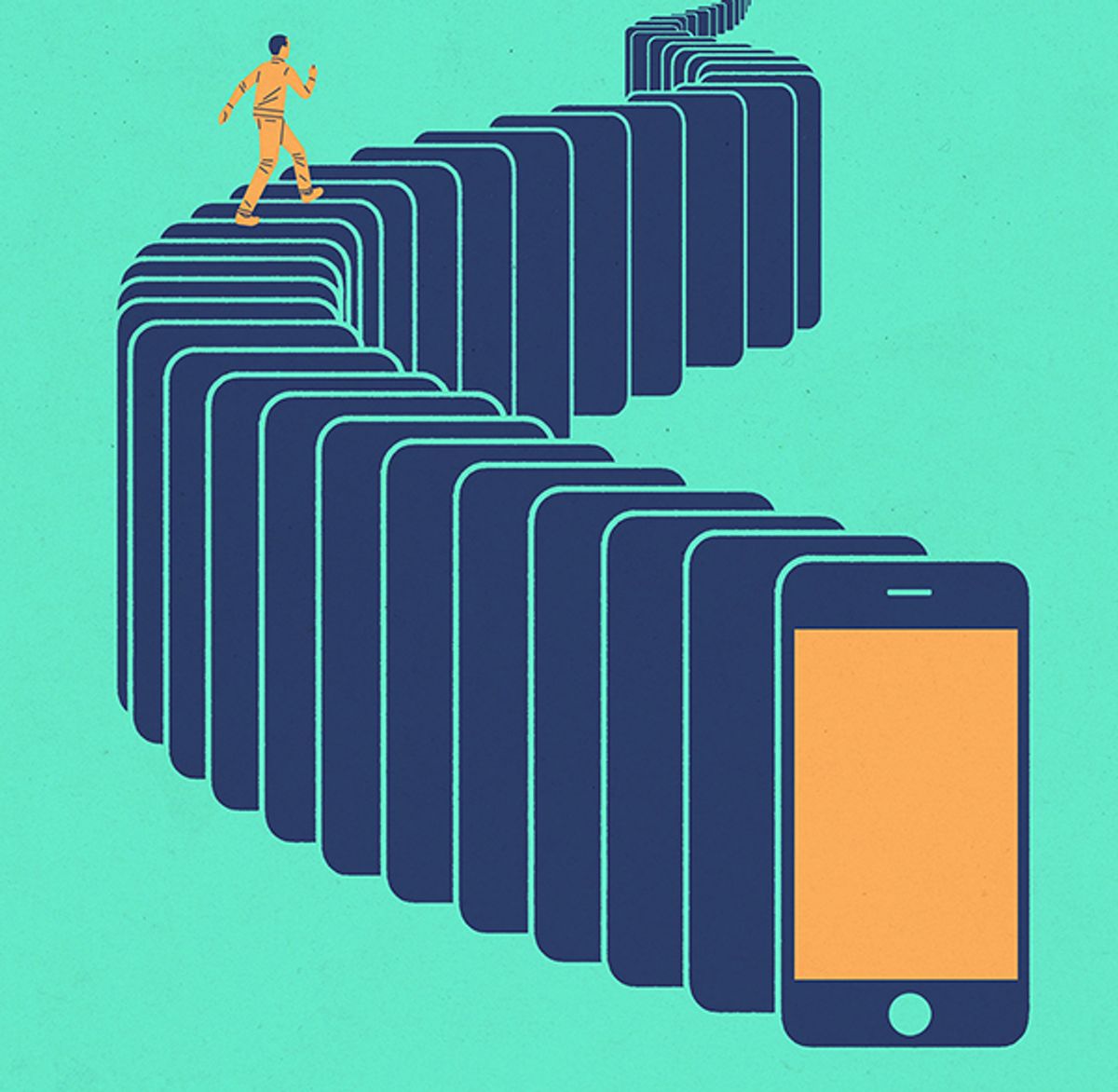 Illustration of a person walking up stairs made of smart phones.