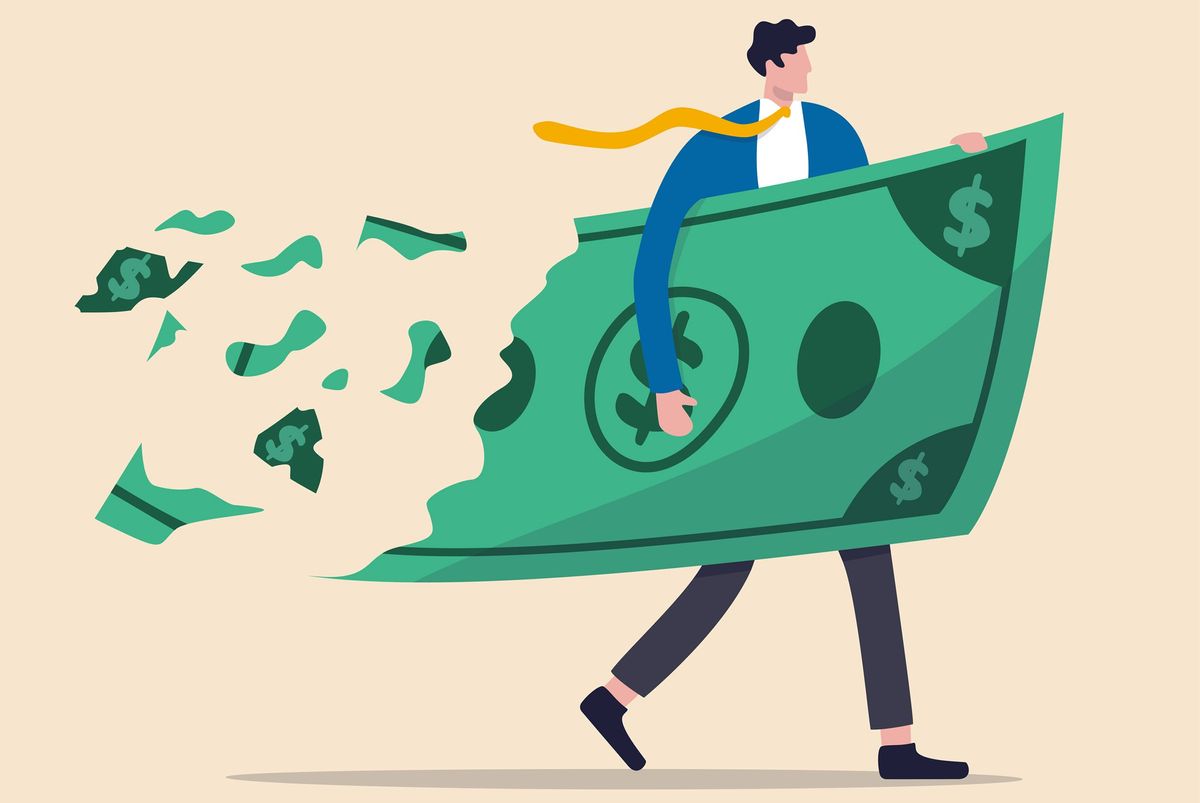 Illustration of a person walking with oversized green money that is breaking apart as they walk.