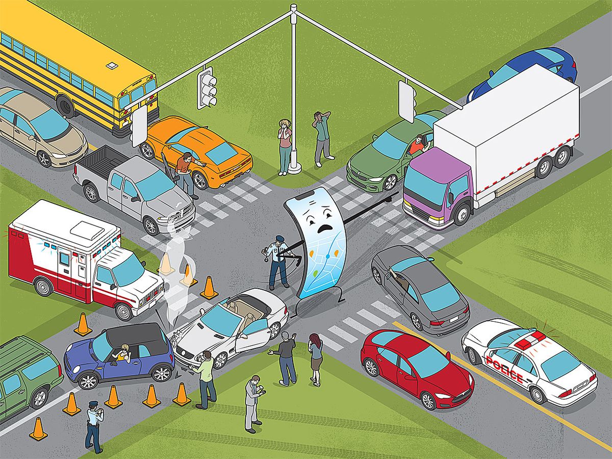 Illustration of a phone attempting to direct traffic surrounded by traffic accidents.