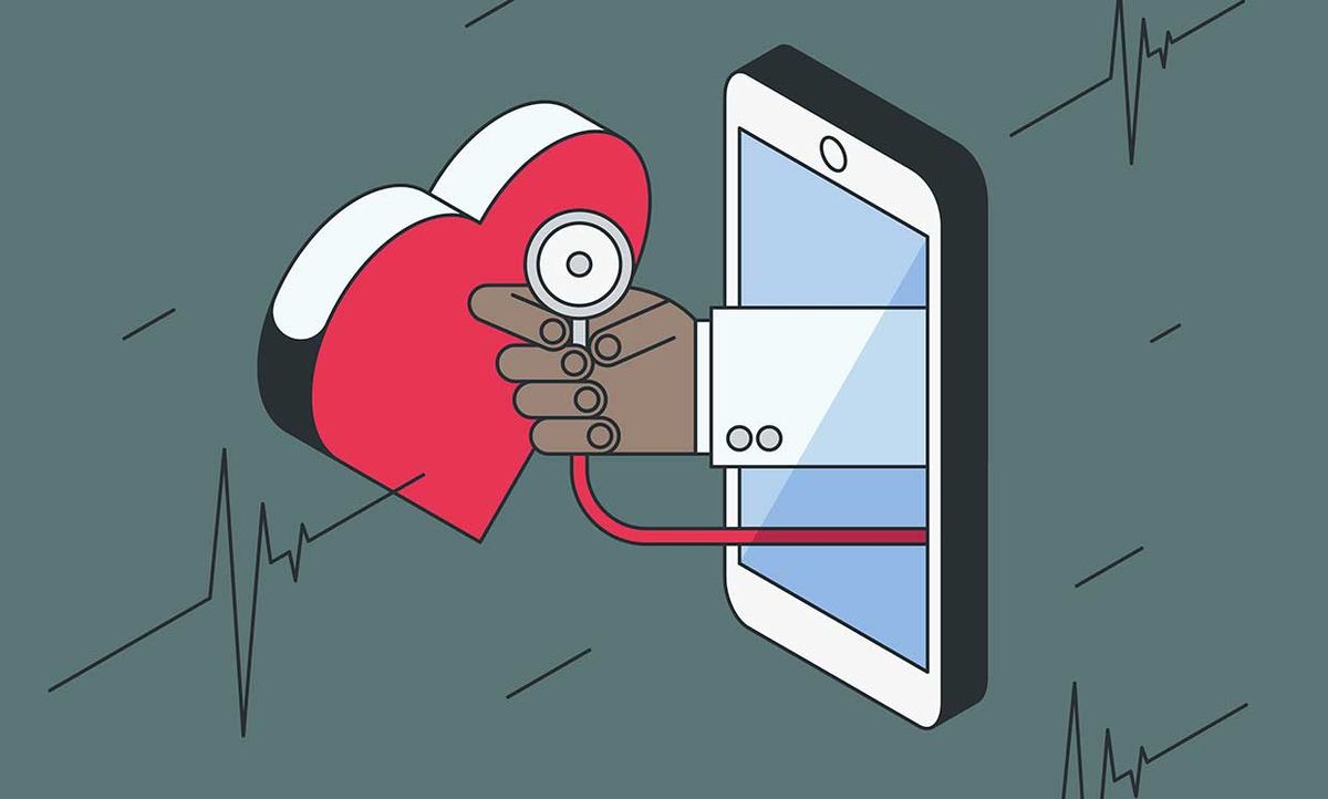 Illustration of a phone, stethoscope, heartbeat symbols