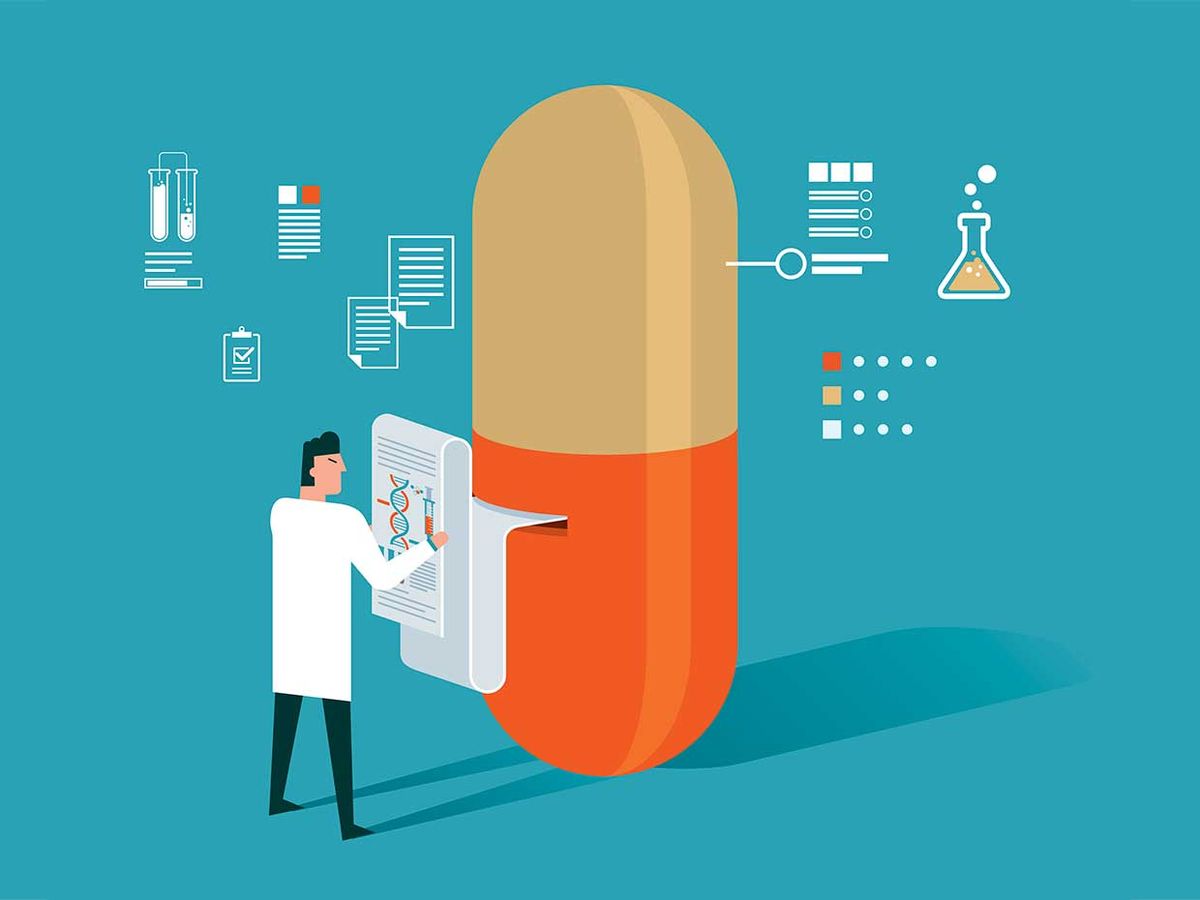 Illustration of a pill with data read outs and icons
