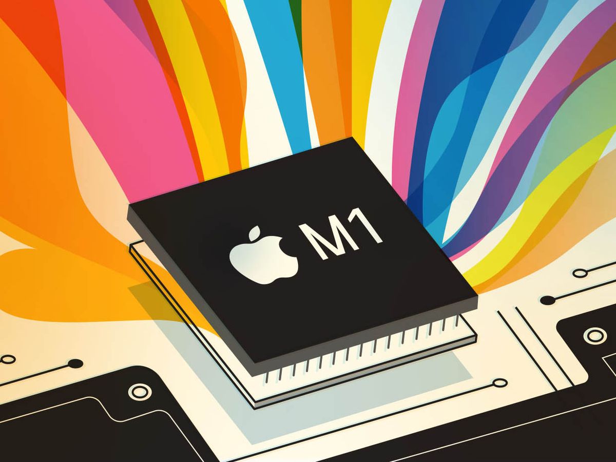 Illustration of a rainbow and Apple M1 chip