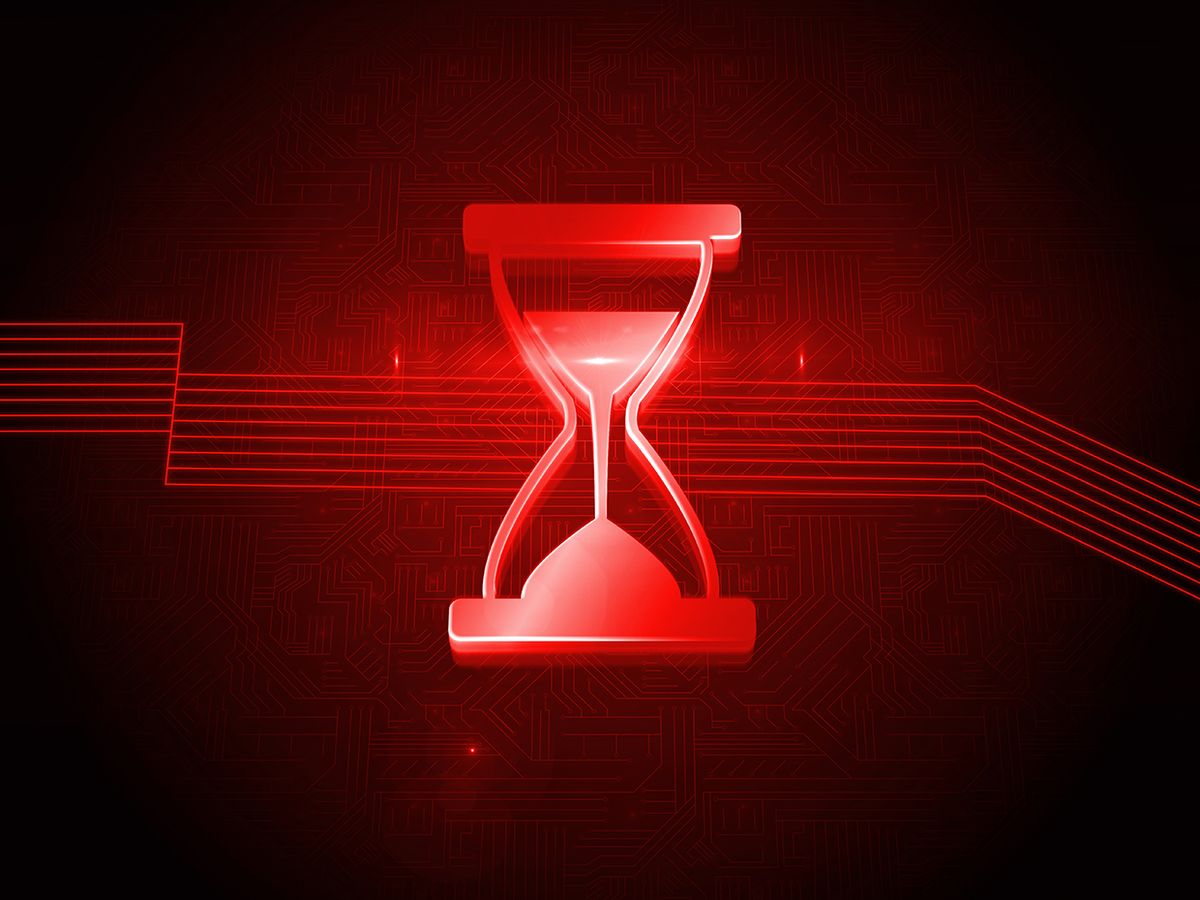 Illustration of a red hourglass in front of a technology background.