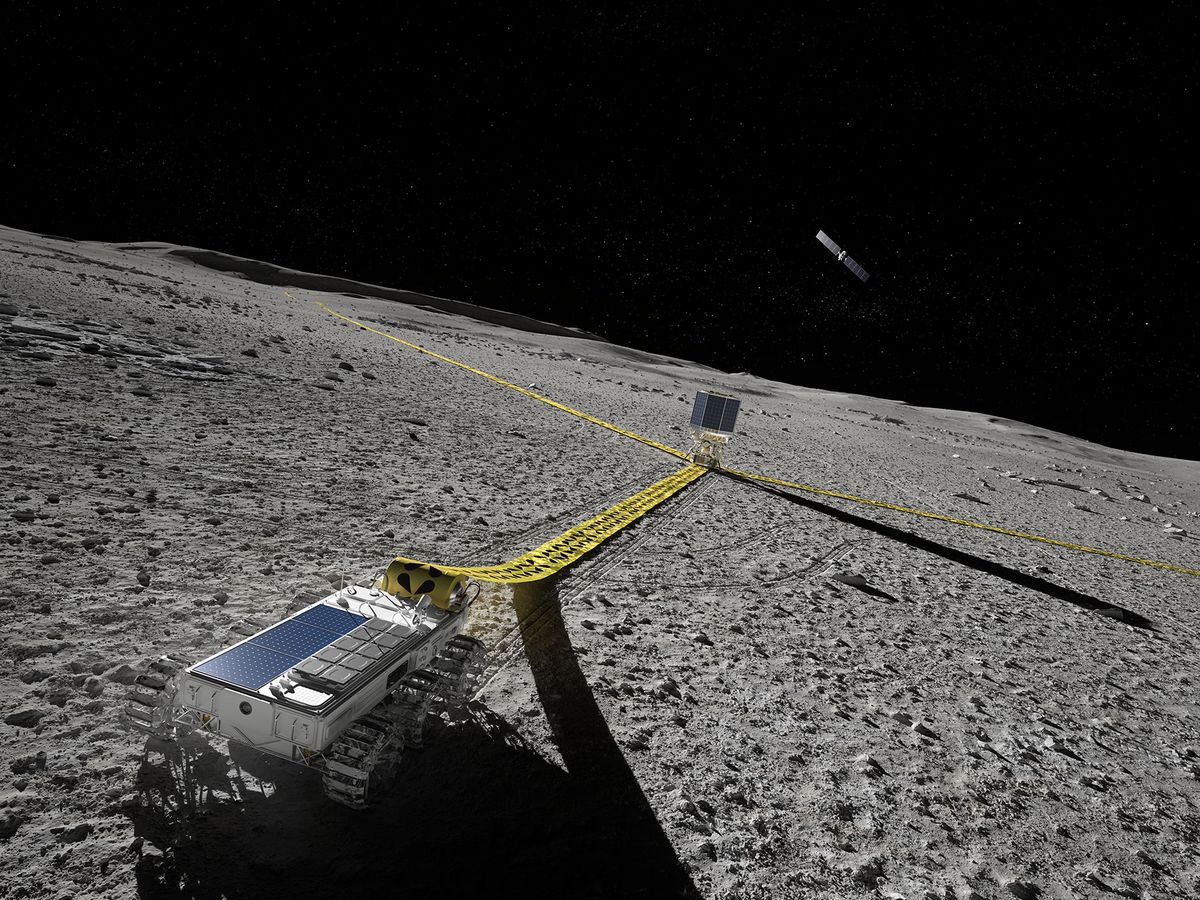 Illustration of a rover laying down flexible antenna on the lunar surface.  