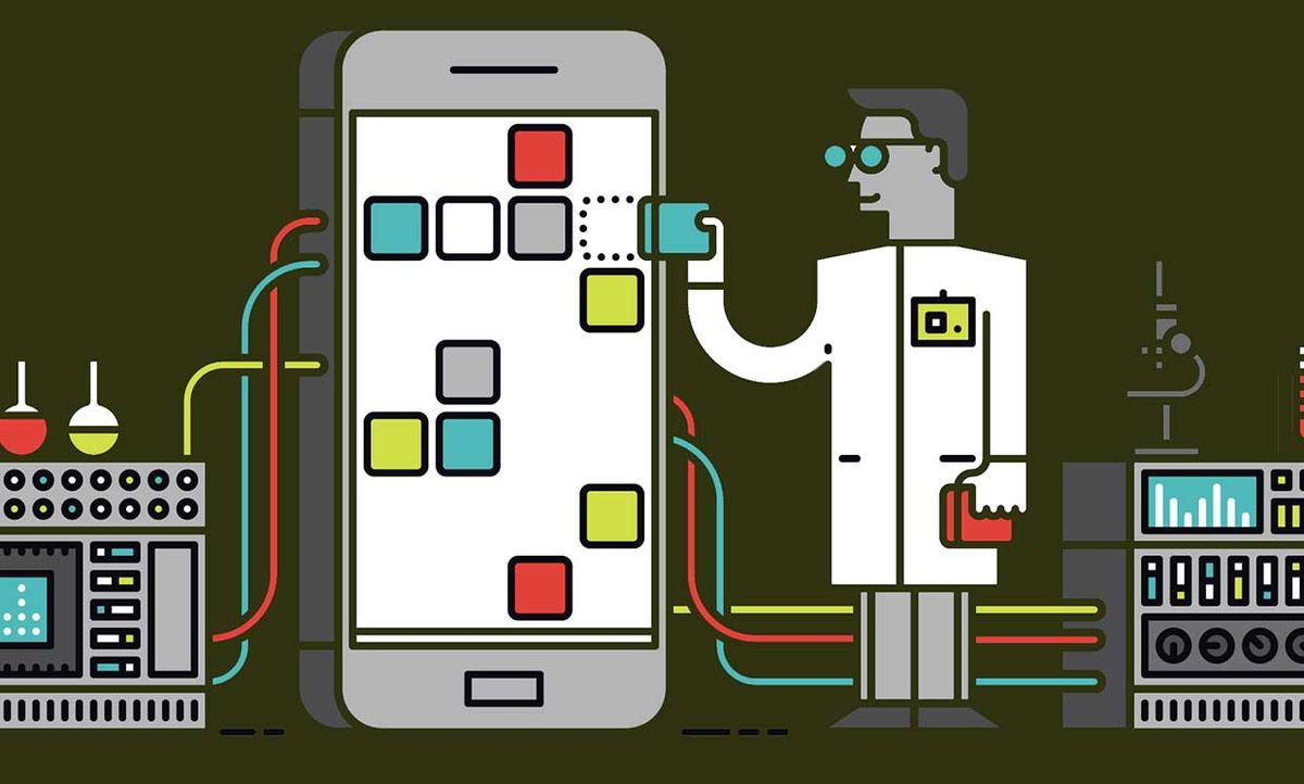 Illustration of a scientist with machines hooked up to a phone, examining apps
