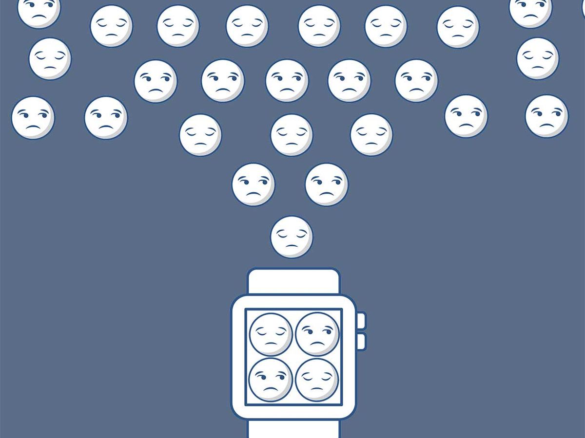 Illustration of a smart watch with emojis coming out of it