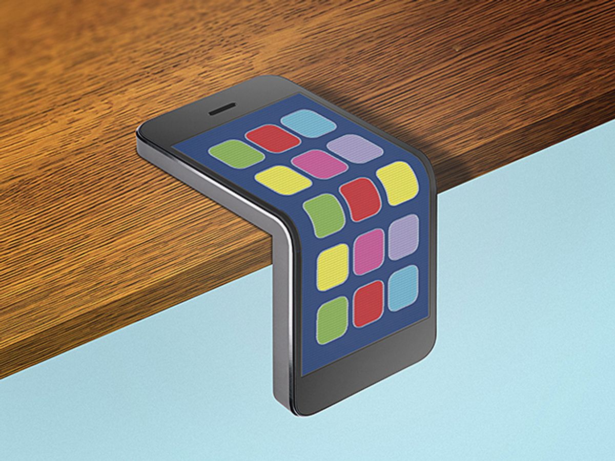 Illustration of a smartphone folding over the edge of a desk