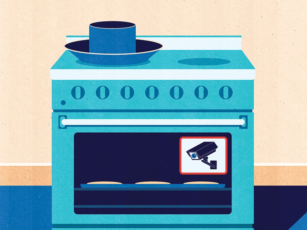 illustration of a stove containing a monitoring camera.