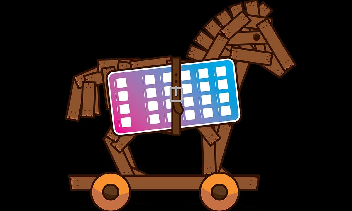 Illustration of a trojan horse with a phone with apps on screen strapped onto it.